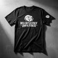 Relentlessly Unfiltered black tee, front: white lion logo print with the RU lion on the sleeve