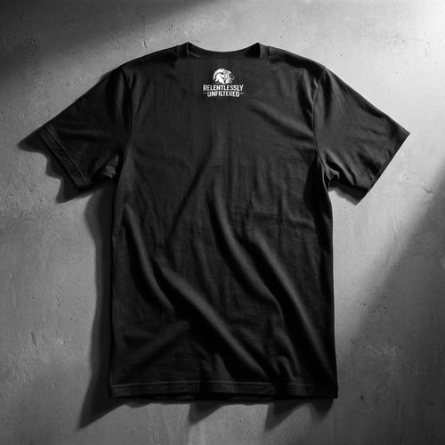FORWARD. NO MATTER WHAT black tee, back: white Relentlessly Unfiltered lion logo below the collar
